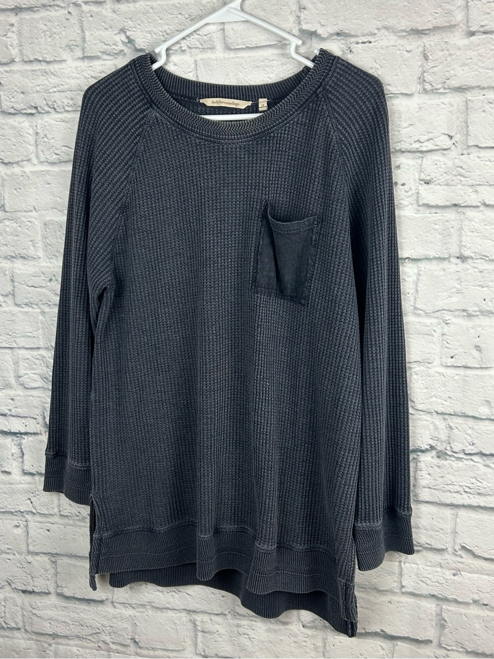 Soft Surroundings Waffle Knit Tunic Top Gray Pocket Long Sleeve 1X Plus